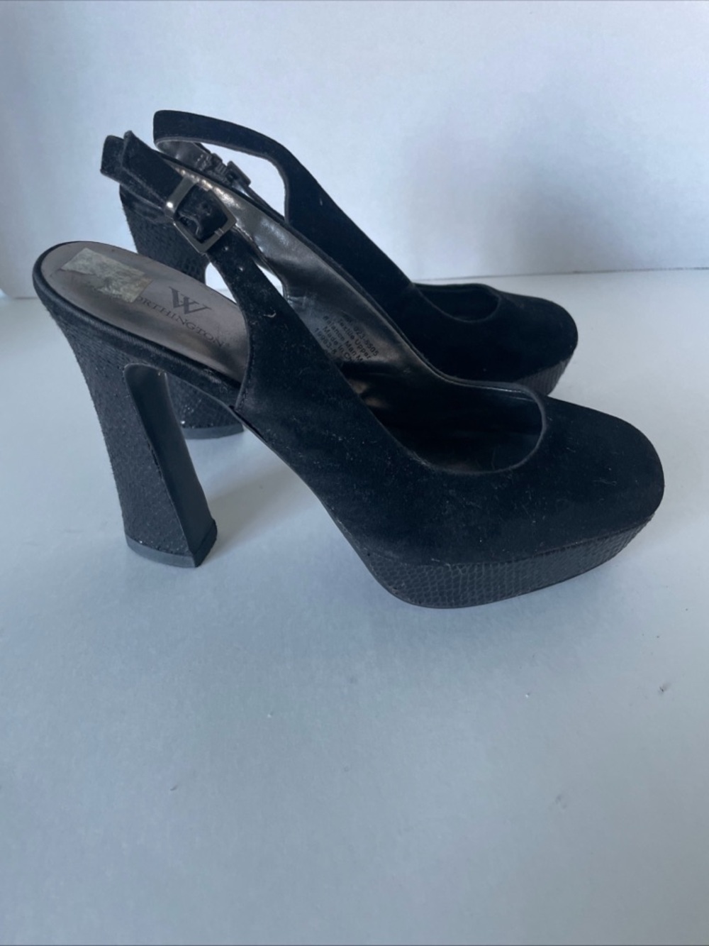 WORTHINGTON PLUTO Black Faux Suede Slingback Platform High Heels Sz 6